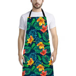 Hibiscus Monstera Hawaii Pattern Print Bib Apron With Pocket