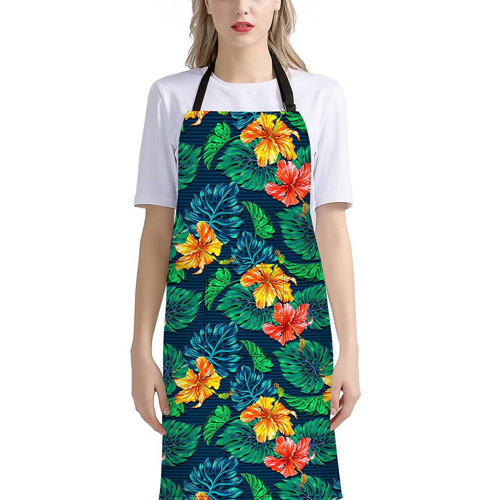 Hibiscus Monstera Hawaii Pattern Print Bib Apron With Pocket
