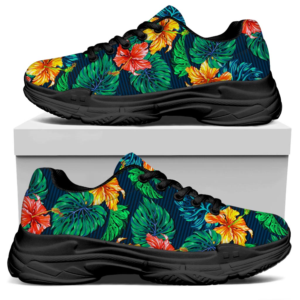 Hibiscus Monstera Hawaii Pattern Print Black Chunky Shoes