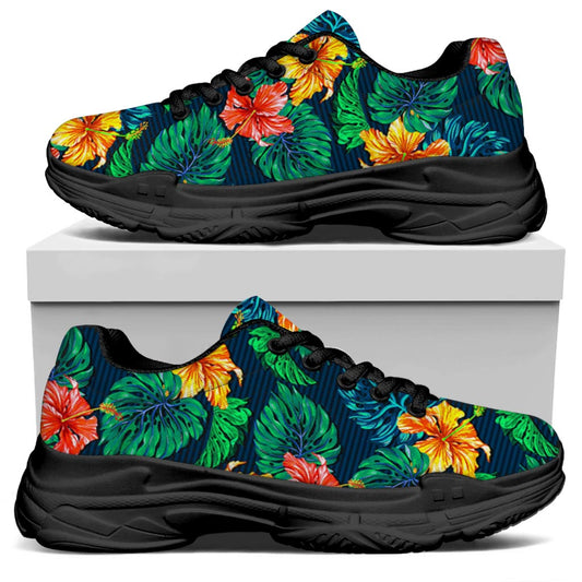 Hibiscus Monstera Hawaii Pattern Print Black Chunky Shoes