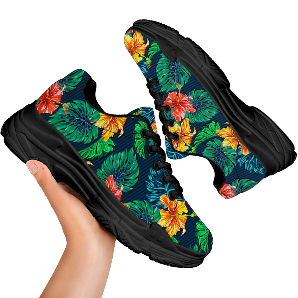 Hibiscus Monstera Hawaii Pattern Print Black Chunky Shoes