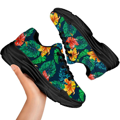 Hibiscus Monstera Hawaii Pattern Print Black Chunky Shoes