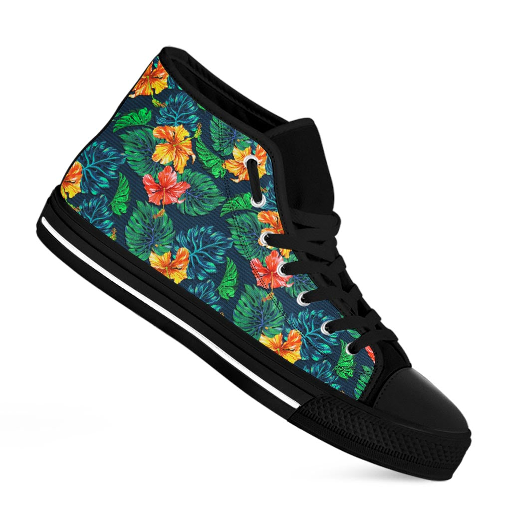 Hibiscus Monstera Hawaii Pattern Print Black High Top Sneakers