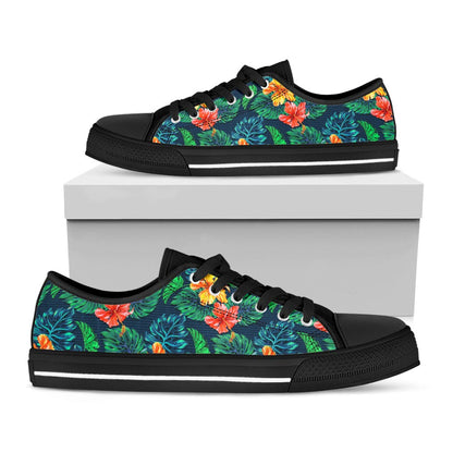 Hibiscus Monstera Hawaii Pattern Print Black Low Top Sneakers