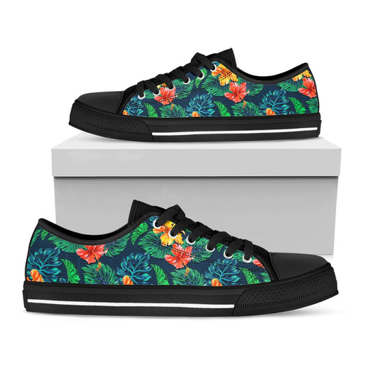 Hibiscus Monstera Hawaii Pattern Print Black Low Top Sneakers