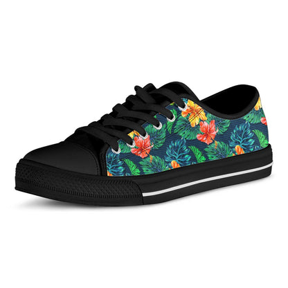 Hibiscus Monstera Hawaii Pattern Print Black Low Top Sneakers