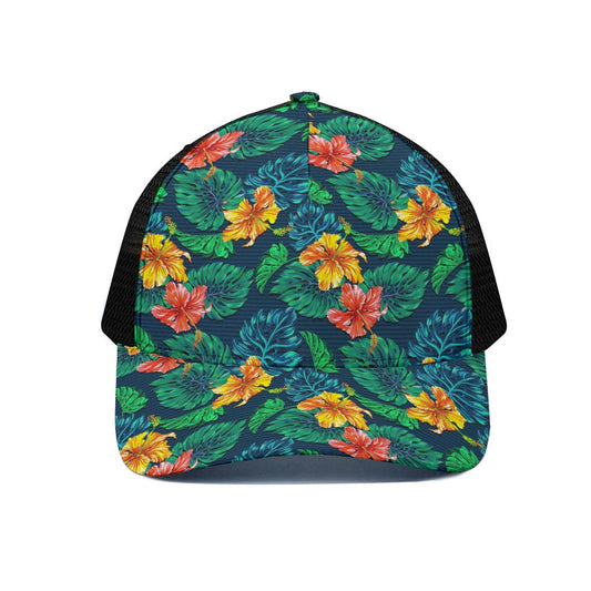 Hibiscus Monstera Hawaii Pattern Print Black Mesh Trucker Cap