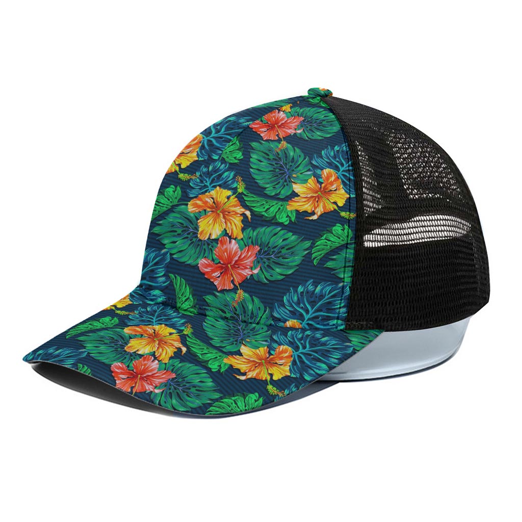 Hibiscus Monstera Hawaii Pattern Print Black Mesh Trucker Cap