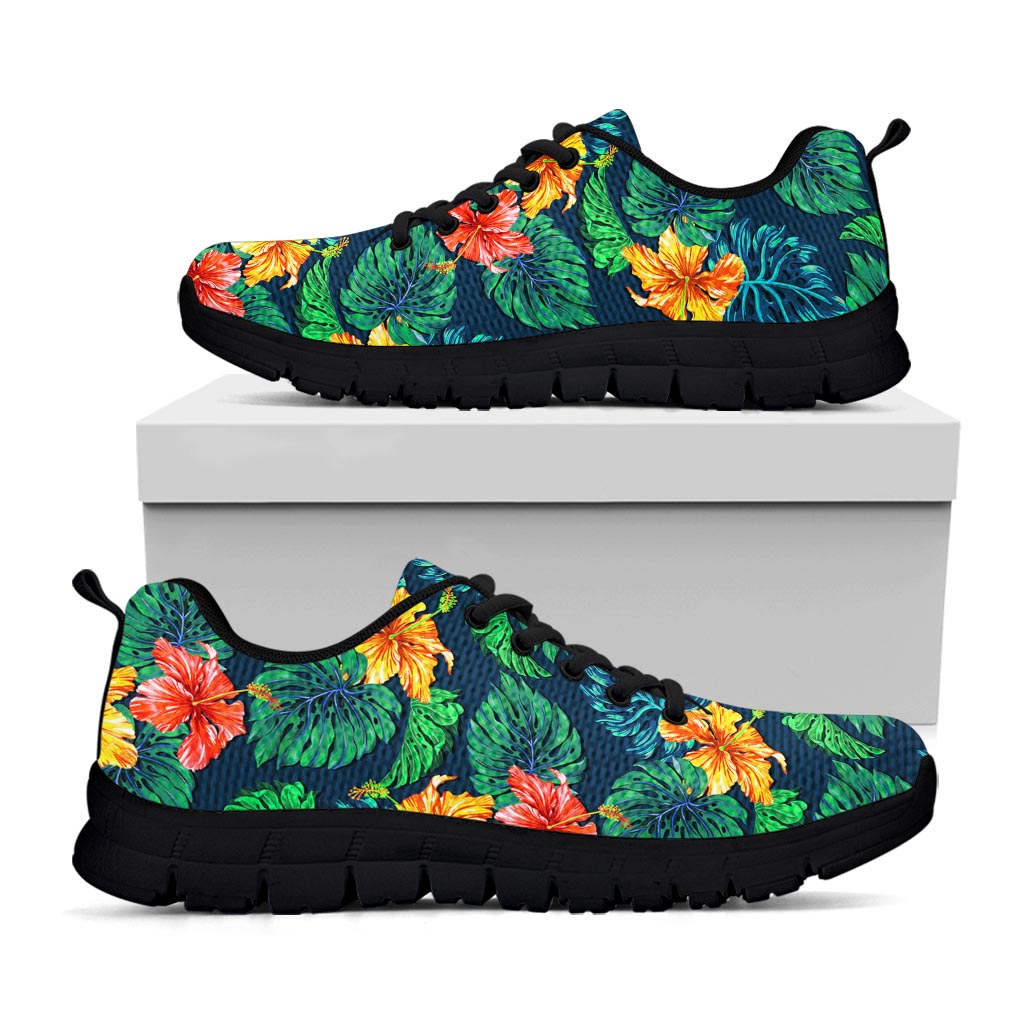 Hibiscus Monstera Hawaii Pattern Print Black Running Shoes