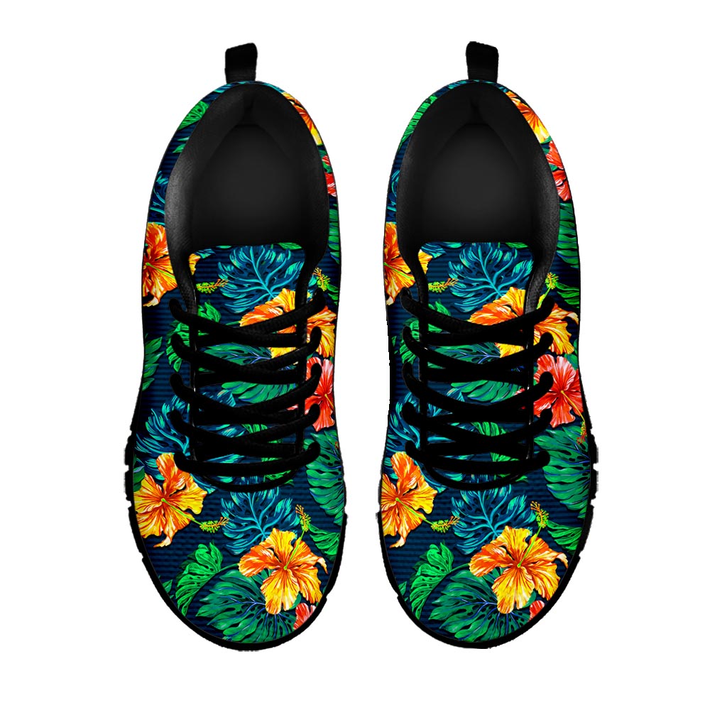 Hibiscus Monstera Hawaii Pattern Print Black Running Shoes