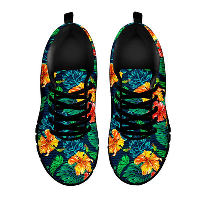 Hibiscus Monstera Hawaii Pattern Print Black Running Shoes