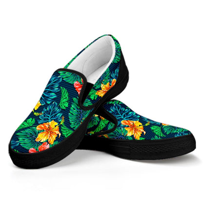 Hibiscus Monstera Hawaii Pattern Print Black Slip On Sneakers