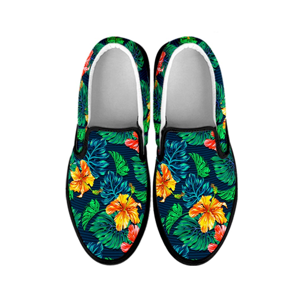 Hibiscus Monstera Hawaii Pattern Print Black Slip On Sneakers