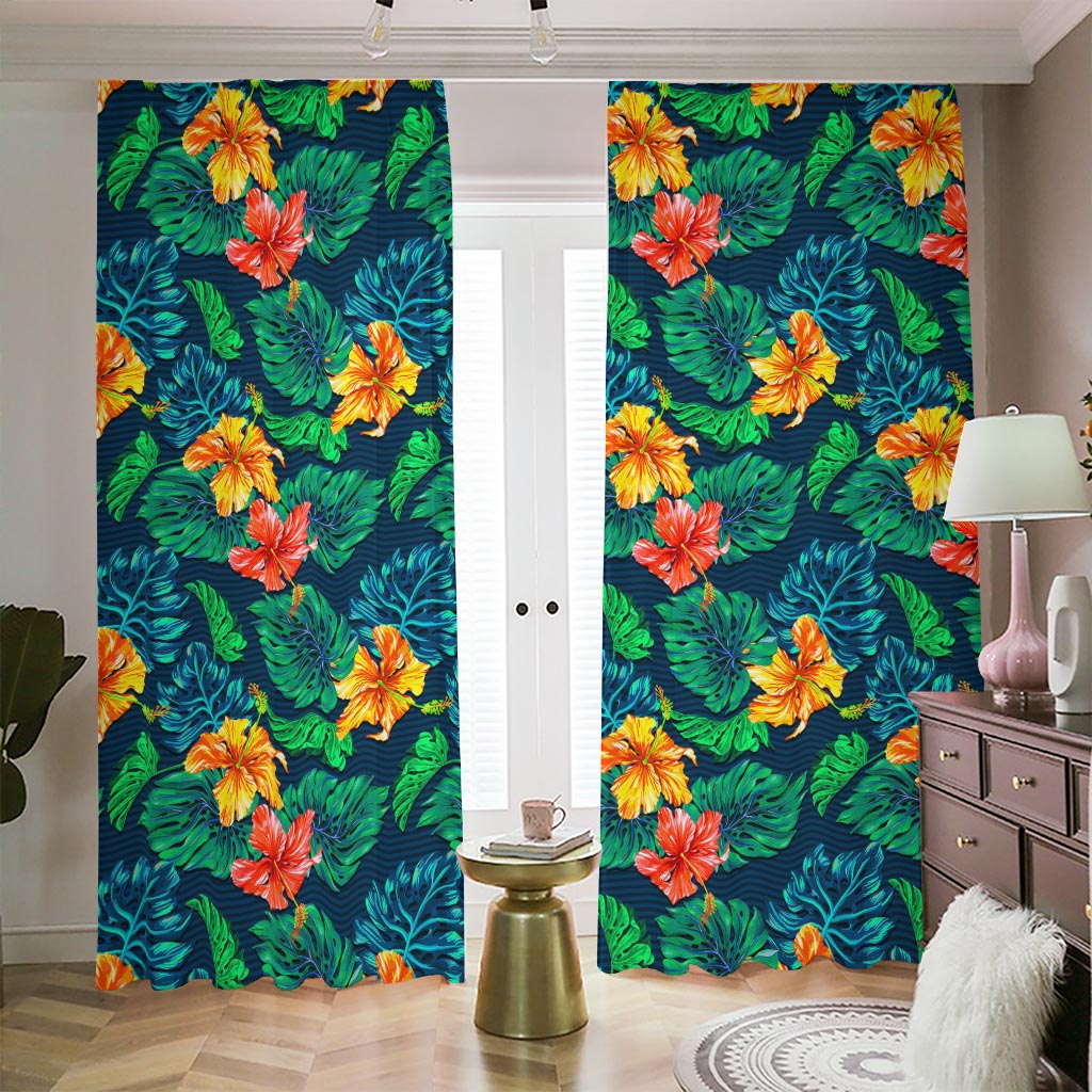 Hibiscus Monstera Hawaii Pattern Print Blackout Pencil Pleat Curtains