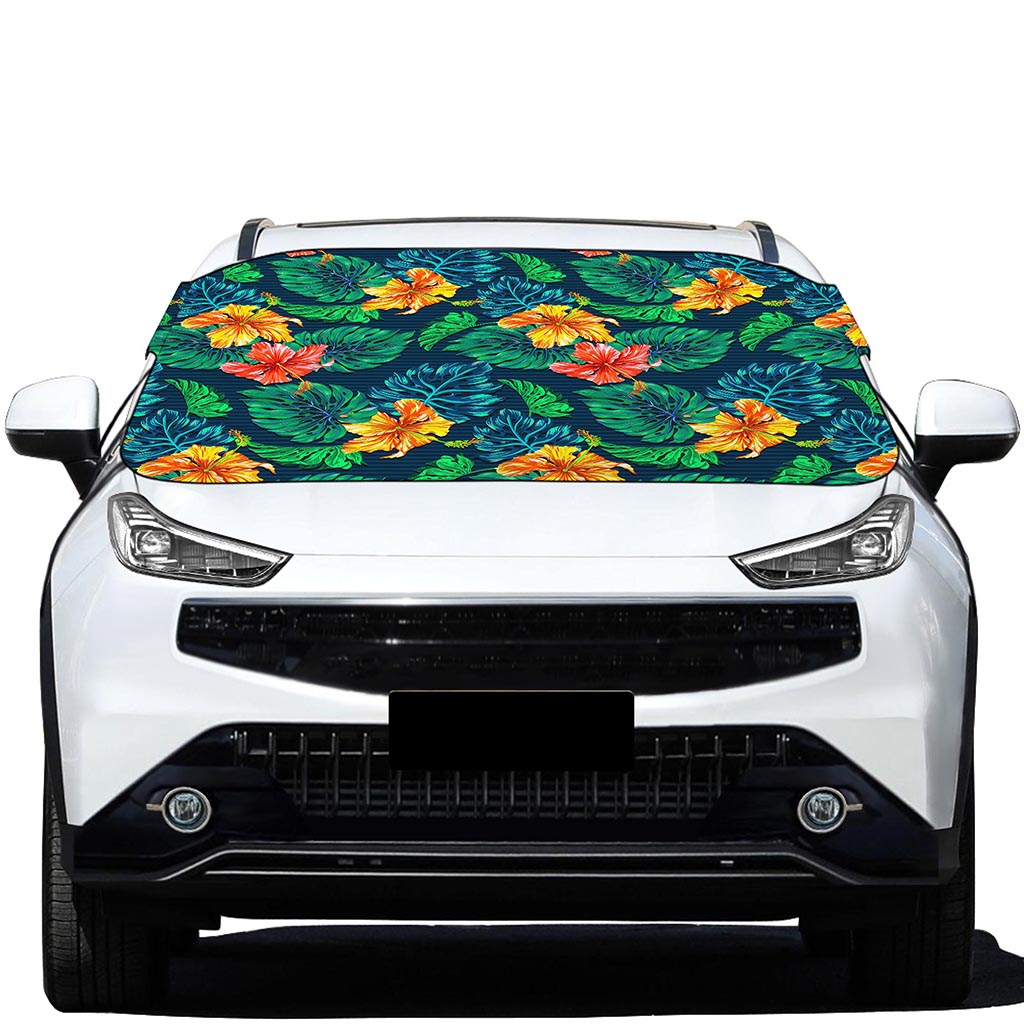 Hibiscus Monstera Hawaii Pattern Print Car Windshield Snow Cover