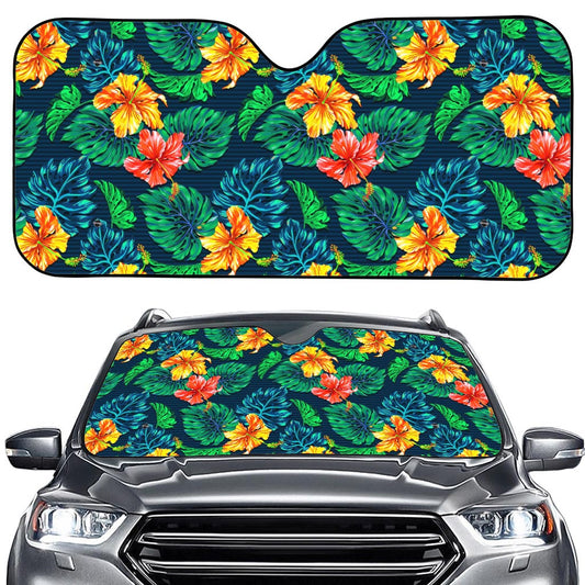 Hibiscus Monstera Hawaii Pattern Print Car Windshield Sun Shade