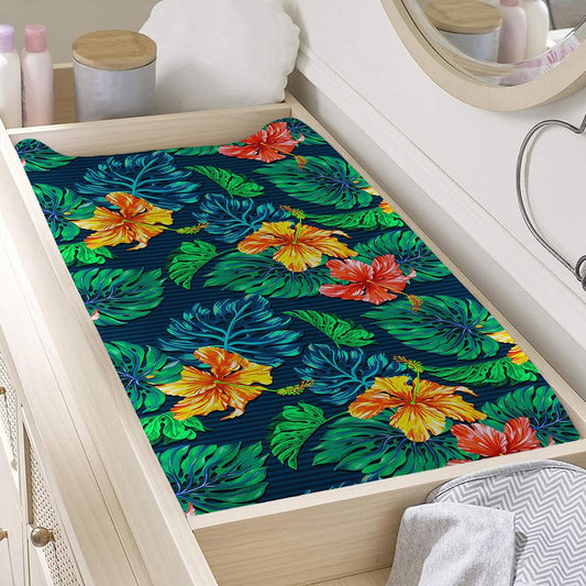 Hibiscus Monstera Hawaii Pattern Print Changing Pad Cover
