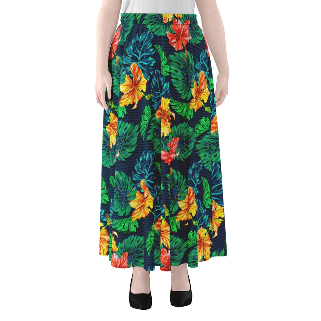 Hibiscus Monstera Hawaii Pattern Print Chiffon Maxi Skirt