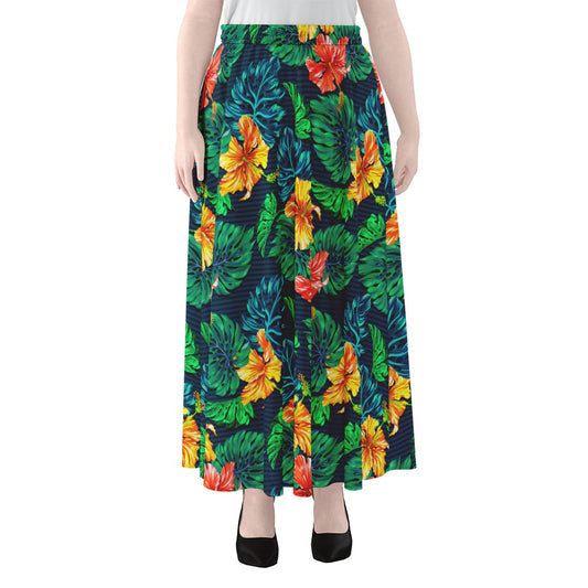 Hibiscus Monstera Hawaii Pattern Print Chiffon Maxi Skirt