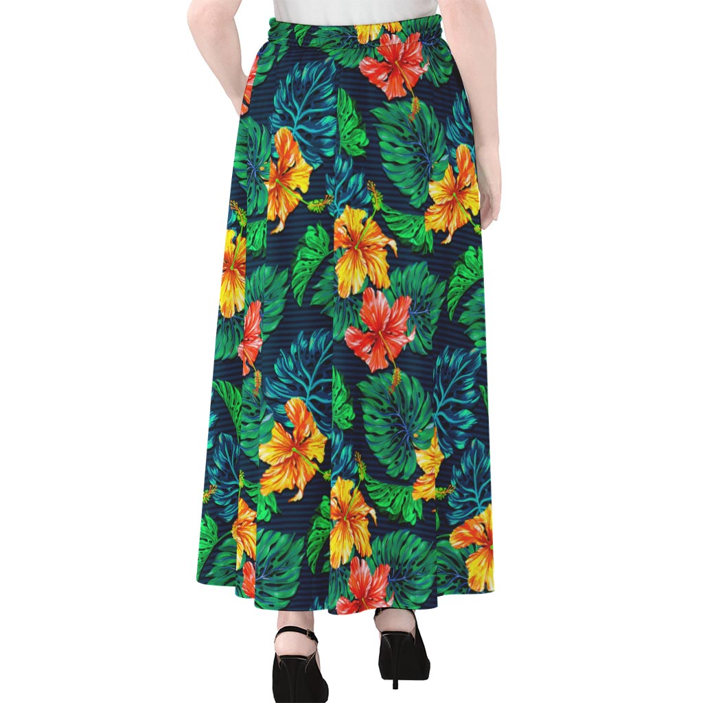 Hibiscus Monstera Hawaii Pattern Print Chiffon Maxi Skirt
