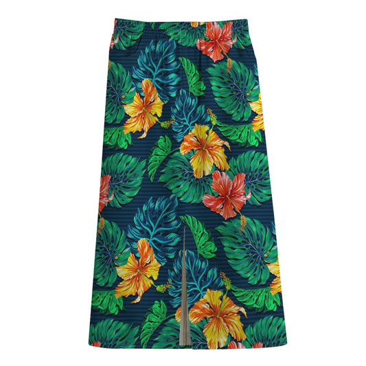 Hibiscus Monstera Hawaii Pattern Print Cotton Front Slit Maxi Skirt