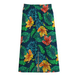 Hibiscus Monstera Hawaii Pattern Print Cotton Front Slit Maxi Skirt