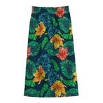 Hibiscus Monstera Hawaii Pattern Print Cotton Front Slit Maxi Skirt