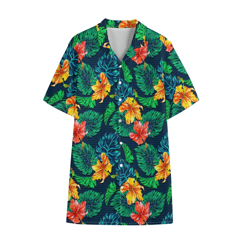 Hibiscus Monstera Hawaii Pattern Print Cotton Hawaiian Shirt