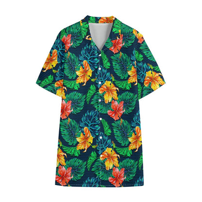 Hibiscus Monstera Hawaii Pattern Print Cotton Hawaiian Shirt