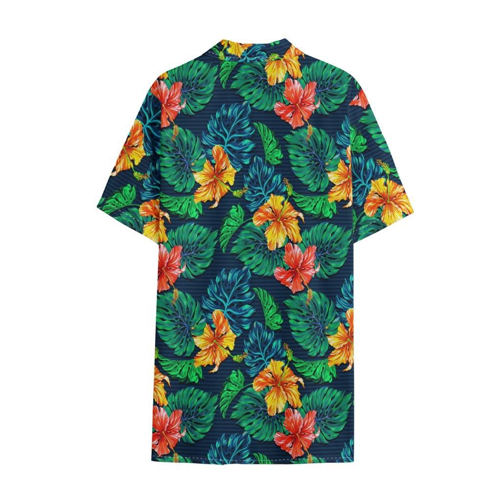 Hibiscus Monstera Hawaii Pattern Print Cotton Hawaiian Shirt