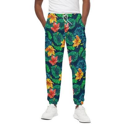Hibiscus Monstera Hawaii Pattern Print Cotton Pants