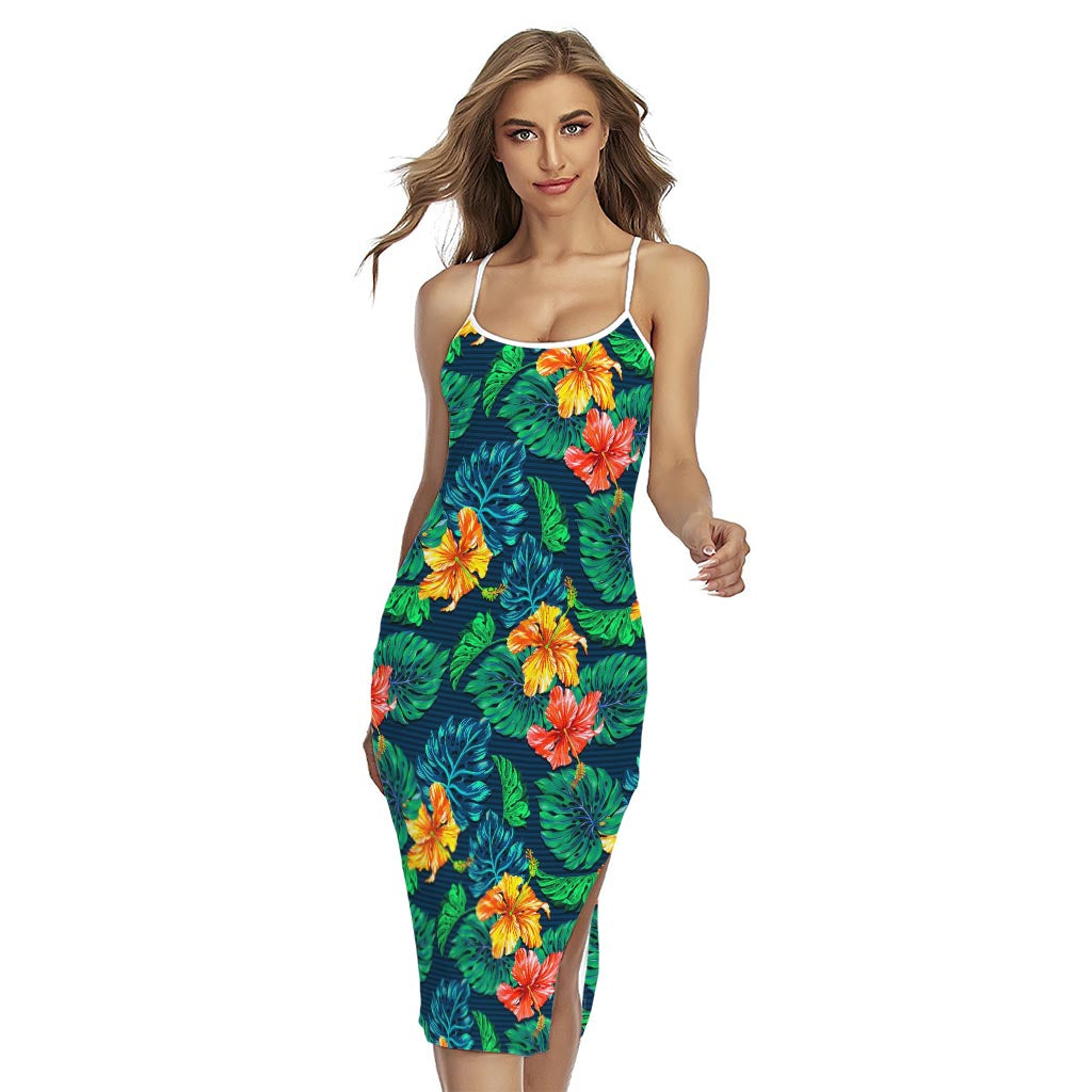 Hibiscus Monstera Hawaii Pattern Print Cross Back Cami Dress