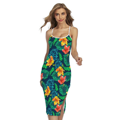 Hibiscus Monstera Hawaii Pattern Print Cross Back Cami Dress