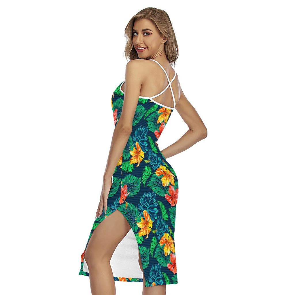 Hibiscus Monstera Hawaii Pattern Print Cross Back Cami Dress