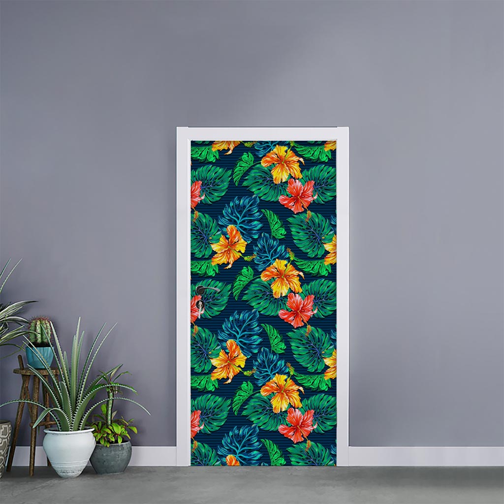 Hibiscus Monstera Hawaii Pattern Print Door Sticker