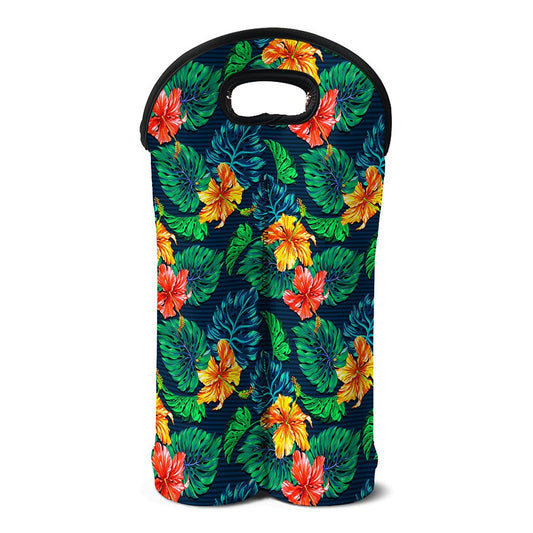Hibiscus Monstera Hawaii Pattern Print Double Neoprene Wine Tote