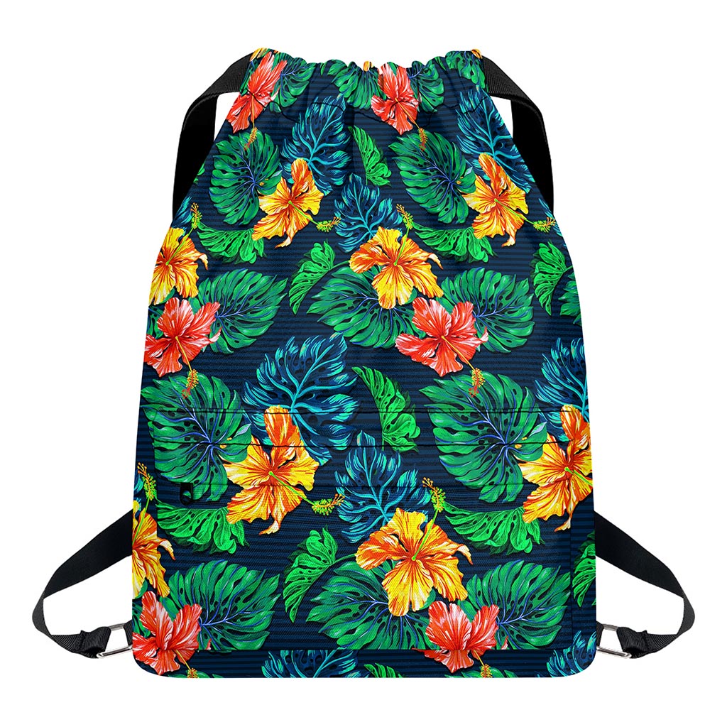 Hibiscus Monstera Hawaii Pattern Print Drawstring Backpack