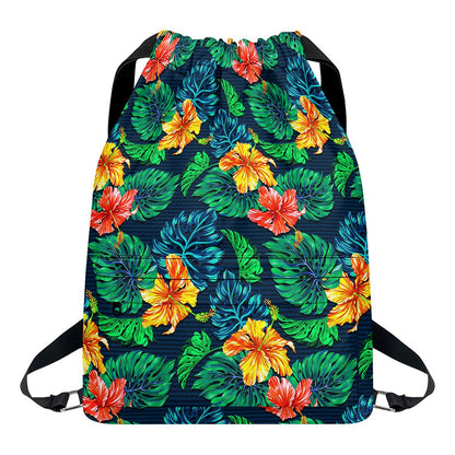 Hibiscus Monstera Hawaii Pattern Print Drawstring Backpack