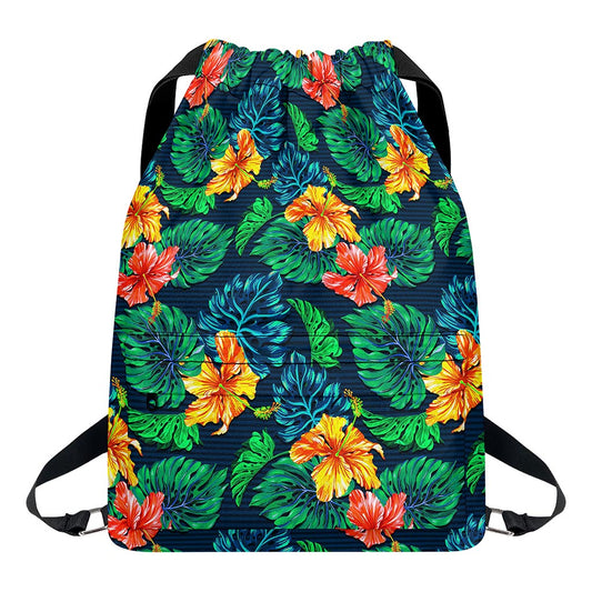 Hibiscus Monstera Hawaii Pattern Print Drawstring Backpack