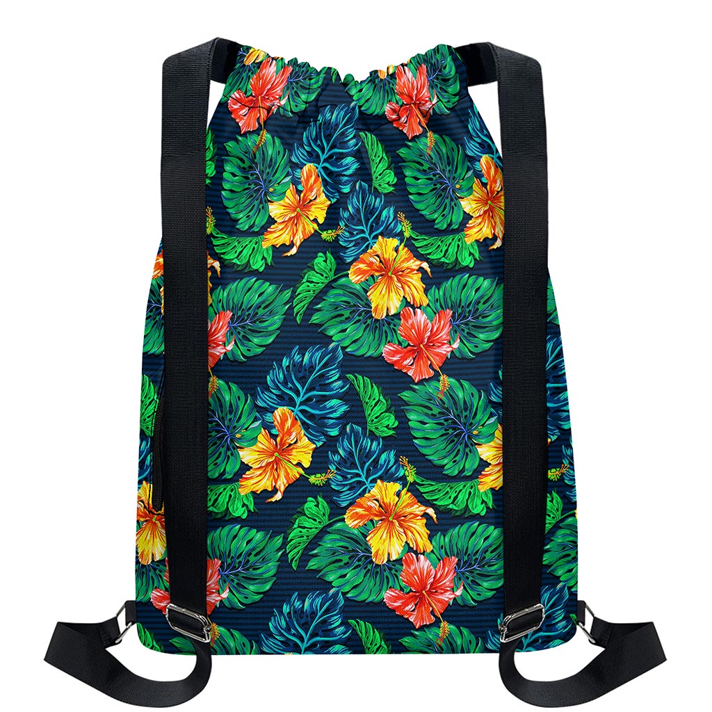 Hibiscus Monstera Hawaii Pattern Print Drawstring Backpack