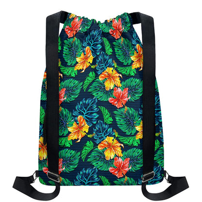 Hibiscus Monstera Hawaii Pattern Print Drawstring Backpack