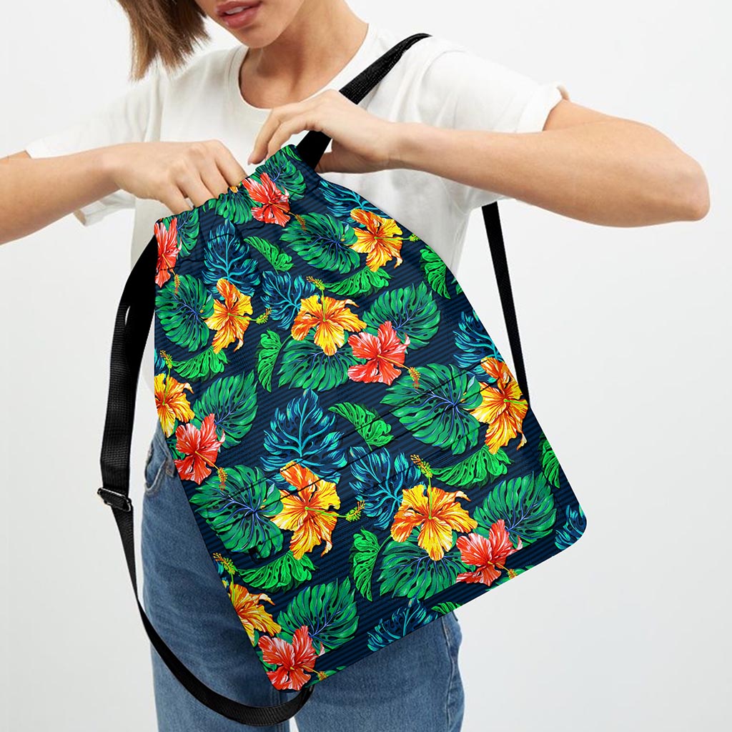 Hibiscus Monstera Hawaii Pattern Print Drawstring Backpack