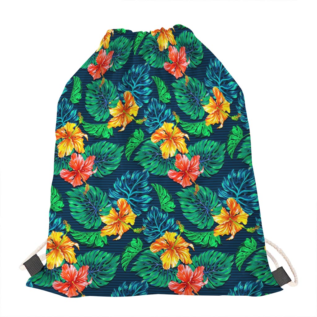 Hibiscus Monstera Hawaii Pattern Print Drawstring Bag