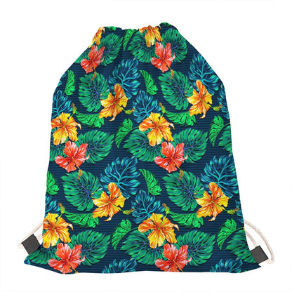 Hibiscus Monstera Hawaii Pattern Print Drawstring Bag