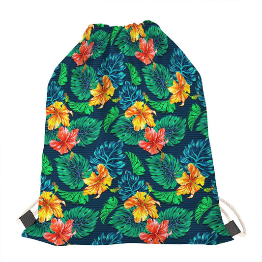 Hibiscus Monstera Hawaii Pattern Print Drawstring Bag