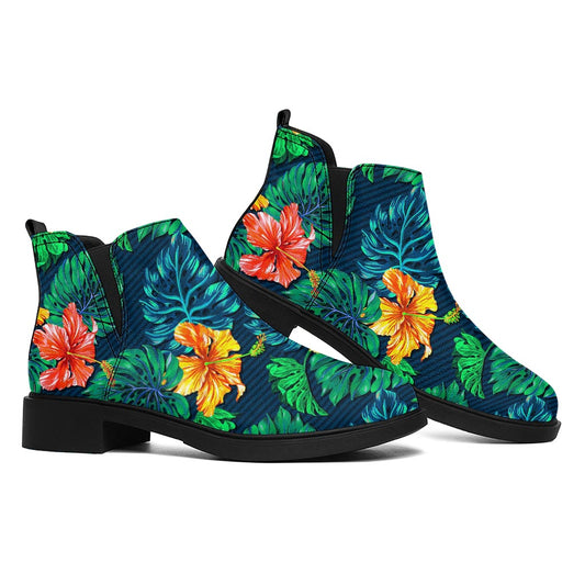 Hibiscus Monstera Hawaii Pattern Print Flat Ankle Boots