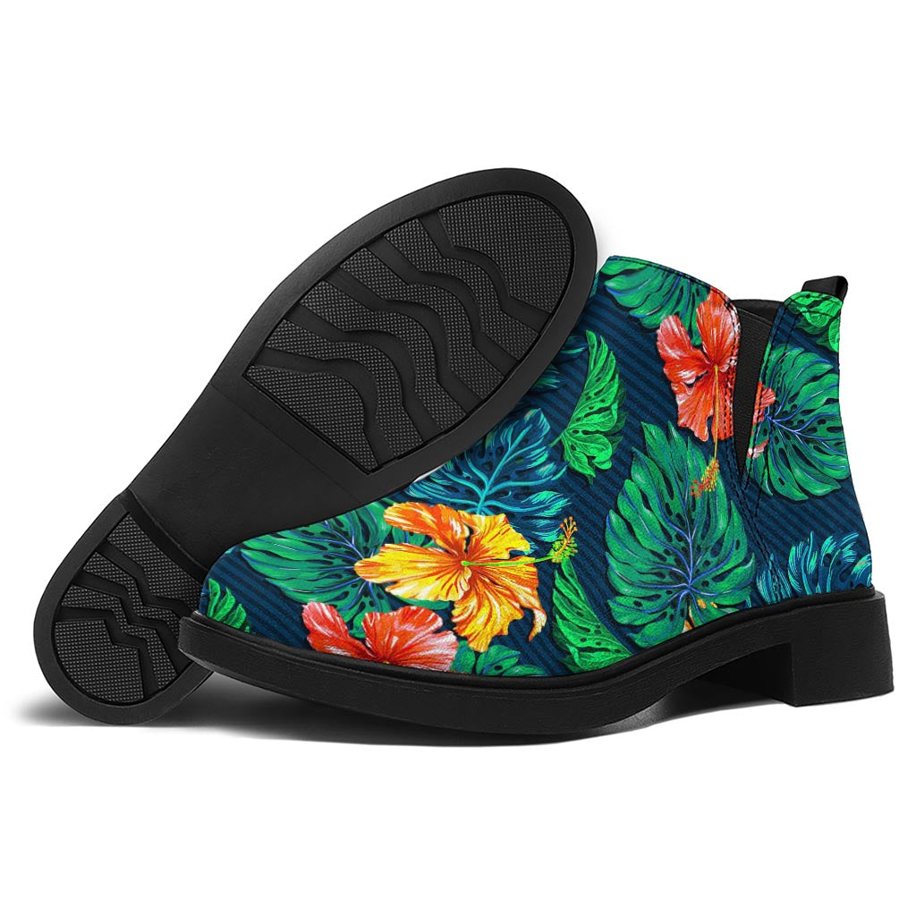 Hibiscus Monstera Hawaii Pattern Print Flat Ankle Boots