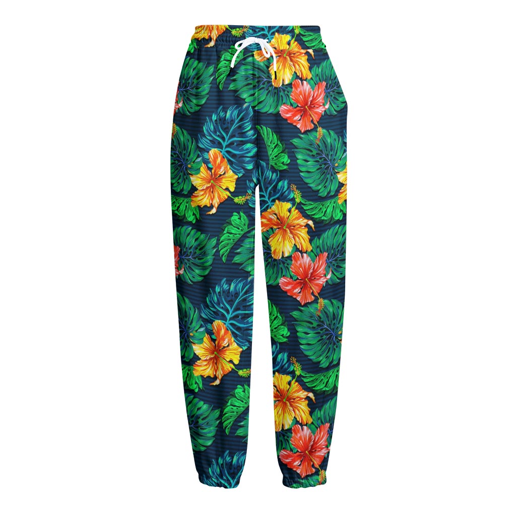 Hibiscus Monstera Hawaii Pattern Print Fleece Lined Knit Pants