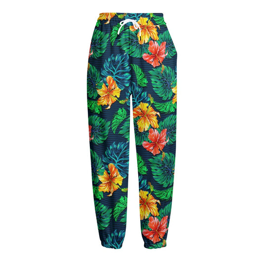 Hibiscus Monstera Hawaii Pattern Print Fleece Lined Knit Pants