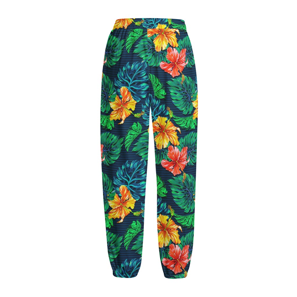 Hibiscus Monstera Hawaii Pattern Print Fleece Lined Knit Pants